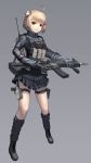  1girl :o absurdres assault_rifle bangs blonde_hair eyebrows_visible_through_hair full_body gloves gradient gradient_background grey_background gun hair_ornament heckler_&amp;_koch highres hk416 holding holding_gun holding_weapon holster leg_warmers looking_at_viewer original pleated_skirt qbase red_eyes revision rifle short_hair skirt solo standing thigh_holster thigh_strap uniform weapon 