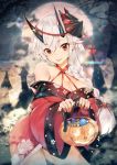  1girl :p bangs bare_shoulders basket black_bow blush bow braid breasts candy castle cleavage contrapposto cowboy_shot eyebrows_visible_through_hair fate/grand_order fate_(series) food food_themed_hair_ornament fox_mask full_moon hair_between_eyes hair_bow hair_ornament halloween halterneck head_tilt holding holding_basket jack-o&#039;-lantern japanese_clothes kimono large_breasts long_hair long_sleeves looking_at_viewer mask mask_on_head moon night off_shoulder oni_horns outdoors pumpkin pumpkin_hair_ornament red_kimono single_braid smile solo teddy_(khanshin) tomoe_gozen_(fate/grand_order) tongue tongue_out wide_sleeves 