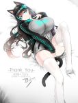  1girl absurdres animal_ears aqua_eyes aqua_hair black_hair breasts cat_ears cat_tail closed_mouth commentary_request extra_ears highres huge_breasts jacket long_hair looking_at_viewer lying multicolored_hair no_pants on_back original smile solo tail thigh-highs track_jacket very_long_hair white_legwear xiangzi_box 