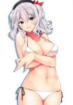  1girl bikini blue_eyes breasts cover cover_page doujin_cover hat highres inuzumi_masaki kantai_collection kashima_(kantai_collection) large_breasts looking_at_viewer navel open_mouth scan short_hair side-tie_bikini silver_hair smile solo swimsuit twintails white_bikini 