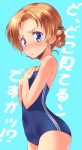  1girl black_bow blonde_hair blue_background blue_eyes blue_swimsuit blush bow braid closed_mouth commentary_request embarrassed french_braid girls_und_panzer hair_bow highres kuzuryuu_kennosuke looking_at_viewer one-piece_swimsuit orange_pekoe short_hair simple_background solo swimsuit translation_request wavy_mouth 