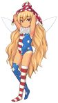 1girl :p american_flag american_flag_legwear american_flag_print armpits arms_behind_head arms_up artist_request blonde_hair bunny_tail clownpiece fairy_wings flag_print hat jester_cap leotard long_hair neck_ruff simple_background smile solo tail tan tanline thigh-highs tongue tongue_out touhou very_long_hair white_background wings 