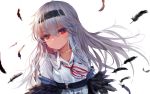  1girl bangs black_feathers black_hairband breasts closed_mouth collared_shirt commentary_request dokomon eyebrows_visible_through_hair feather_trim feathers girls_frontline grey_hair hair_between_eyes hairband head_tilt highres looking_at_viewer neck_ribbon red_eyes red_ribbon ribbon shirt small_breasts solo stitches thunder_(girls_frontline) upper_body white_background white_shirt 