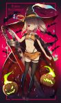  1girl ayanami_(azur_lane) azur_lane bandage bandage_over_one_eye bandaged_arm bandages bat cape collarbone commentary demon_tail fire green_fire halloween hat highres holding holding_sword holding_weapon izumo_(user_cmcy2878) jack-o&#039;-lantern leg_strap midriff miniskirt navel pumpkin red_eyes side_ponytail skirt solo striped striped_legwear sword tail thigh-highs thong weapon white_hair witch_hat zettai_ryouiki 