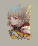  1girl animal_ears bangs blunt_bangs bodysuit cat_ears highres kiiro_kimi looking_at_viewer nintendo niyah short_hair silver_hair simple_background smile solo xenoblade_(series) xenoblade_2 yellow_bodysuit yellow_eyes 