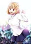  1girl 2015 :d antenna_hair arcueid_brunestud black_legwear blonde_hair blue_skirt blurry blurry_background dated eyebrows_visible_through_hair hair_between_eyes jewelry miniskirt necklace nina_(pastime) open_mouth pantyhose pleated_skirt red_eyes short_hair skirt smile solo sweater tsukihime twitter_username white_sweater 