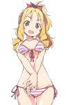  1girl ass_visible_through_thighs bikini blonde_hair bow breasts brown_eyes cowboy_shot drill_hair eromanga_sensei front-tie_top hands_clasped ixy looking_at_viewer open_mouth own_hands_together pink_bikini pink_bow ponytail ringlets side-tie_bikini simple_background small_breasts smile solo standing striped striped_bikini swimsuit thigh_gap twin_drills white_background yamada_elf 