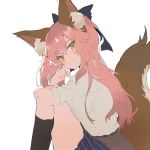  1girl alternate_costume animal_ear_fluff animal_ears blush bow breasts closed_mouth clothes_around_waist commentary english_commentary fang fang_out fate/extella fate/extra fate_(series) fox_ears fox_tail hair_bow highres jacket_around_waist large_breasts long_hair looking_at_viewer mochii pink_hair school_uniform shirt sitting skirt smile socks solo tail tamamo_(fate)_(all) tamamo_jk_(fate) twintails yellow_eyes 
