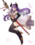  1girl absurdres ass belt black_gloves blush braid breasts camilla_(fire_emblem_if) cosplay draph ebinku elbow_gloves fire_emblem fire_emblem_if gloves granblue_fantasy hair_ornament hair_over_one_eye highres horns lips long_hair looking_at_viewer narmaya_(granblue_fantasy) narmaya_(granblue_fantasy)_(cosplay) nintendo purple_hair solo sword very_long_hair violet_eyes wavy_hair weapon 