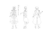  1boy aiguillette armor bangs belt boots character_sheet coat coattails cultlery_(senjuushi) from_behind full_body gloves hair_between_eyes hat highres knee_boots lineart majiro_(mazurka) male_focus monochrome multiple_views official_art senjuushi:_the_thousand_noble_musketeers short_hair shoulder_armor sidelocks standing translation_request transparent_background turnaround 