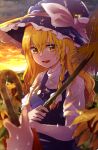  1girl bangs black_hat black_vest blonde_hair blurry bow braid broom buttons clouds cloudy_sky depth_of_field flower hair_between_eyes hair_bow hat hat_bow holding holding_broom kirisame_marisa konomoto_(konomoto) long_hair looking_at_viewer open_mouth outdoors shirt side_braid sky smile solo_focus sunflower sunset touhou umbrella upper_body vest wavy_hair wet wet_clothes white_bow white_hat white_shirt witch_hat yellow_eyes 