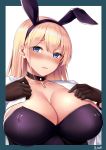  1girl 3104_(3104milkshake) animal_ears azur_lane bangs black_leotard blonde_hair blue_eyes blush breasts bunnysuit choker cleavage collarbone cross_choker embarrassed erect_nipples eyebrows_visible_through_hair fake_animal_ears gloves hairband highres large_breasts leotard long_hair looking_at_viewer north_carolina_(azur_lane) open_clothes open_shirt outside_border rabbit_ears shirt sidelocks signature solo tareme undressing upper_body white_shirt 