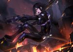  1girl :o absurdres black_bodysuit black_footwear black_gloves black_hair bodysuit brown_eyes copyright_request dual_wielding fire fixro2n gloves gun highres holding holding_gun holding_weapon huge_filesize jumping long_hair looking_to_the_side midair official_art shouting skin_tight solo very_long_hair weapon 