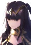  1girl black_hair bodysuit breasts bridal_gauntlets cape cleavage fire_emblem fire_emblem:_kakusei jewelry large_breasts long_hair looking_at_viewer mayo_(becky2006) nintendo solo tharja tiara two_side_up 