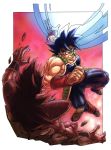 1boy armor attack bandanna bardock black_eyes black_hair clenched_teeth dragon_ball energy_ball facing_away fighting fighting_stance floating gradient gradient_background long_hair male_focus outside_border red_background red_bandana rock scouter short_hair simple_background spiky_hair teeth white_background wristband 