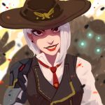  1girl albino ashe_(overwatch) cowboy_hat eshi_(corzhkryakrya) hat highres lipstick makeup overwatch red_eyes shirt single_pauldron solo vest white_hair 