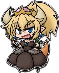  1girl bare_shoulders black_dress blonde_hair blue_eyes bowsette bracelet breasts brooch chibi choker dress earrings eyebrows_visible_through_hair hand_on_hip horns jewelry long_hair looking_at_viewer super_mario_bros. new_super_mario_bros._u_deluxe nintendo open_mouth pointy_ears sharp_teeth shell smile solo spiked_bracelet spikes super_crown tail teeth yanagi_(nurikoboshi) 