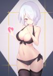  1girl absurdres anker bikini black_bikini black_legwear blue_eyes blush breasts groin hair_ornament hair_over_one_eye hairclip hamakaze_(kantai_collection) highres kantai_collection large_breasts looking_at_viewer short_hair silver_hair solo swimsuit thigh-highs 