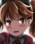  1girl admiral_paru backlighting brown_eyes brown_hair eyebrows face highres kantai_collection magatama open_mouth ryuujou_(kantai_collection) signature smile solo twintails twitter_username visor_cap 