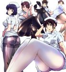  5girls arms_up ass bangs black_legwear blue_hair breasts brown_eyes brown_hair commentary_request cropped_legs double-breasted eyebrows_visible_through_hair hat invisible_chair knee_up knees_up legs long_hair looking_at_viewer medium_breasts multiple_girls nurse nurse_cap original pantyhose short_hair short_sleeves simple_background sitting smile standing thick_thighs thighband_pantyhose thighs white_background white_hat white_legwear yuya 