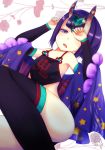  1girl :o arm_warmers black_legwear breasts fang fate/grand_order fate_(series) floral_background glint hair_ornament hands_up horns japanese_clothes looking_at_viewer oni oni_horns open_mouth purple_hair short_hair shuten_douji_(fate/grand_order) sitting small_breasts smile solo thigh-highs tsuyuri_(5/7) violet_eyes watermark 