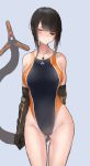  1girl absurdres bangs black_hair blue_background blush competition_swimsuit cyborg eyepatch facing_viewer highleg highleg_swimsuit highres kasagarasu mechanical_arm mechanical_tail one-piece_swimsuit original prosthesis short_hair solo standing sumi_elias swimsuit tail 