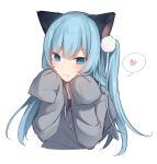  1girl amashiro_natsuki animal_ears bangs blue_eyes blue_hair blush cat_ears closed_mouth commentary_request drawstring eyebrows_visible_through_hair fang fang_out grey_hoodie hair_between_eyes hands_up heart highres hood hood_down hoodie long_hair long_sleeves one_side_up original simple_background sleeves_past_fingers sleeves_past_wrists smile solo spoken_heart upper_body very_long_hair white_background 