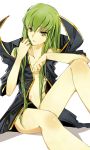  1girl black_cloak breasts c.c. cape code_geass collarbone eyebrows_visible_through_hair green_hair hair_between_eyes long_hair medium_breasts meimi_k naked_cape navel parted_lips shiny shiny_skin sitting solo under_boob very_long_hair white_background yellow_eyes 