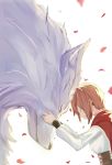  1girl absurdres animal brown_hair cape closed_eyes closed_mouth corset hands_on_another&#039;s_face head_to_head highres little_red_riding_hood long_sleeves nananamako original petals red_cape rose_petals short_hair simple_background smile tagme white_background white_wolf wolf 