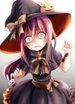  1girl alternate_costume bunny_hair_ornament capelet choker commentary_request crescent hair_ornament halloween hat kantai_collection kurona long_hair looking_at_viewer open_mouth pink_eyes pink_hair solo tears uzuki_(kantai_collection) witch_hat 