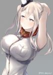  1girl 3: armpits arms_behind_head arms_up bangs bare_arms blush body_blush breast_pocket breasts character_request closed_mouth commentary_request graf_zeppelin_(kantai_collection) grey_background hair_between_eyes juurouta kantai_collection large_breasts long_hair parted_bangs pocket red_neckwear saratoga_(kantai_collection) simple_background sketch_eyebrows solo twitter_username upper_body 