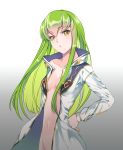  1girl breasts c.c. cleavage code_geass collarbone floating_hair gradient gradient_background green_hair grey_background groin hand_on_hip head_in_hand long_hair looking_at_viewer meimi_k naked_coat navel parted_lips shiny shiny_hair small_breasts solo standing very_long_hair yellow_eyes 