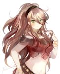  1girl aubz bracelet brown_hair dancer gloves green_eyes jewelry long_hair looking_at_viewer necklace octopath_traveler ponytail primrose_azelhart simple_background smile 