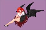  1girl bangs bare_legs black_footwear black_skirt black_vest black_wings demon_wings full_body head_wings high_heels juliet_sleeves knee_up koakuma leg_hug legs long_hair long_sleeves looking_at_viewer miniskirt pencil_skirt pixel_art puffy_sleeves purple_background red_eyes redhead shirt shoes simple_background skirt skirt_set smile solo takorin touhou very_long_hair vest white_shirt wings 