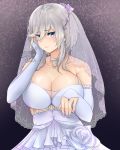  1girl absurdres artist_name azur_lane bangs blue_eyes blush breasts bridal_veil choker cleavage closed_mouth detached_sleeves dress earrings elbow_gloves eyebrows_visible_through_hair fingerless_gloves flower gloves hair_flower hair_ornament hand_on_own_face headband highres jewelry large_breasts looking_at_viewer mole mole_on_breast nail_polish purple_background purple_nails rose short_hair signature smile tini veil washington_(azur_lane) wedding_dress white_dress white_flower white_hair white_rose 