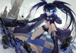  1girl bangs belt bikini bikini_top black_coat black_footwear black_gloves black_hair black_rock_shooter black_rock_shooter_(character) black_shorts blue_eyes boots breasts chain closed_mouth coat flaming_eye front-tie_bikini front-tie_top full_body gloves glowing glowing_eye grey_belt hair_between_eyes highres holding holding_weapon huge_weapon knee_boots long_hair long_sleeves midriff navel one_knee scar shadow short_shorts shorts sidelocks small_breasts solo swimsuit twintails uneven_twintails very_long_hair weapon yunweishukuang zipper 