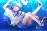  :d air_bubble androgynous blue_eyes blue_shorts blush bubble full_body hat hat_removed headwear_removed open_mouth original ronpu_cooing sailor_hat school_uniform serafuku shoes shorts smile sneaker socks sunlight underwater white_footwear white_legwear 