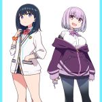  2girls :d arms_at_sides bangs black_hair black_legwear black_skirt blue_eyes bow bowtie breasts chan_co collared_shirt commentary_request drinking_straw earphones eyebrows_visible_through_hair hand_in_pocket holding jacket long_hair long_sleeves looking_at_viewer looking_back medium_breasts miniskirt multiple_girls open_clothes open_jacket open_mouth orange_scrunchie pantyhose partially_unzipped pillarboxed pink_eyes pink_hair pleated_skirt purple_bow purple_jacket purple_neckwear red_neckwear school_uniform scrunchie shiny shiny_hair shirt short_hair simple_background skirt sleeves_past_wrists smile ssss.gridman standing takarada_rikka white_background white_cardigan white_shirt zipper_pull_tab 