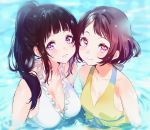  2girls bangs bare_shoulders black_hair blunt_bangs blush breasts brown_eyes chitanda_eru cleavage closed_mouth frilled_swimsuit frills halterneck hyouka ibara_mayaka lipstick long_hair looking_at_viewer makeup mery_(apfl0515) multiple_girls non-web_source parted_lips partially_submerged pink_eyes pink_lips ponytail short_hair sidelocks small_breasts smile swimming swimsuit upper_body very_long_hair water white_swimsuit yellow_swimsuit 