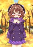  1girl ahoge aki_chimaki autumn_leaves brown_eyes brown_hair commentary_request cowboy_shot glasses hands_on_own_chest hat highres jacket looking_at_viewer plaid plaid_scarf plaid_skirt pleated_skirt purple_scarf purple_skirt red-framed_eyewear scarf semi-rimless_eyewear skirt smile solo standing touhou under-rim_eyewear usami_sumireko 
