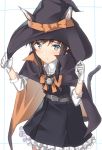  1girl animal_ears asashio_(kantai_collection) black_hair blue_eyes blush cat_ears cat_tail closed_mouth commentary_request dress fake_animal_ears gloves halloween halloween_costume hat kantai_collection long_hair long_sleeves looking_at_viewer pallad remodel_(kantai_collection) school_uniform shirt simple_background skirt solo tail white_background white_shirt witch witch_hat 