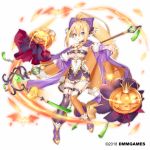  1girl blonde_hair blue_eyes bow breasts cape company_name dmm full_body gemini_seed green_eyes hair_between_eyes hair_bow hattori_masaki high_ponytail holding holding_staff jack-o&#039;-lantern long_hair looking_at_viewer medium_breasts mismatched_legwear official_art orange_cape orange_legwear purple_bow purple_cape purple_legwear sidelocks solo staff standing very_long_hair 
