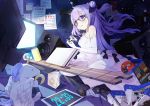  1girl 999kun azur_lane bangs blue_eyes can cd cd_case clock commentary controller digital_clock dress elbow_gloves evening_gown eyebrows_visible_through_hair game_console game_controller glasses gloves hair_between_eyes hair_ribbon highres long_hair one_side_up playstation_4 purple_hair ribbon sitting soda_can solo speaker stuffed_animal stuffed_toy stuffed_unicorn television tongue tongue_out unicorn_(azur_lane) wariza white_dress white_gloves 