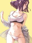  1girl breasts cleavage domodesu dress_shirt gluteal_fold groin groin_tendon kantai_collection looking_away medium_breasts navel partially_undressed purple_hair shirt short_hair solo tatsuta_(kantai_collection) violet_eyes yellow_background 