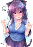  1girl animal_ear_fluff animal_ears bangs blush breasts cat_ears cat_girl cat_tail cleavage collarbone collared_shirt embarrassed eyebrows_visible_through_hair fang fingernails hair_between_eyes hands_up head_tilt large_breasts long_hair mokufuu nose_blush open_mouth original pleated_skirt purple_hair purple_skirt school_uniform shirt short_sleeves skirt solo spoken_sweatdrop sweatdrop sweater_vest tail twitter_username very_long_hair violet_eyes white_shirt 