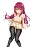  1girl :o arm_support black_legwear blush breasts eyebrows_visible_through_hair fate/grand_order fate_(series) highres legs long_hair long_sleeves looking_at_viewer m_kong medium_breasts pantyhose purple_hair red_eyes ribbed_sweater scathach_(fate)_(all) scathach_(fate/grand_order) sitting solo sweater turtleneck turtleneck_sweater very_long_hair yellow_sweater 