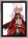  1girl bangs black_legwear blush breastplate breasts bridal_gauntlets cape chloe_von_einzbern dark_skin eyelashes fate/kaleid_liner_prisma_illya fate_(series) hair_between_eyes highres hips long_hair looking_at_viewer navel pink_hair red_cape shimejinameko shrug_(clothing) simple_background small_breasts smile solo thighs waist waist_cape white_background 