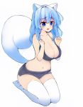  1girl animal_ear_fluff animal_ears bangs bare_arms bare_shoulders blue_eyes blue_hair blue_legwear blue_shorts blush breasts collarbone eyebrows_visible_through_hair full_body gradient_legwear hair_between_eyes hands_up highres large_breasts long_hair looking_at_viewer navel no_shoes open_mouth original seiza short_shorts shorts simple_background sitting soles solo tail tandohark thigh-highs white_background white_legwear 