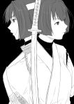  2girls chains hachimaki hair_between_eyes headband highres hyuuga_(kantai_collection) ise_(kantai_collection) japanese_clothes kantai_collection katana monochrome multiple_girls niwatazumi sword upper_body weapon 