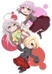  3girls ahoge bare_legs barefoot blonde_hair blood blood_stain blush bow bowtie braid brown_eyes chibi commentary ear_piercing earrings eyebrows_visible_through_hair full_body grey_eyes grey_hair hair_flaps hair_intakes hair_over_one_eye hako_(gyhujikolp) hand_holding high-waist_skirt highres hood hood_down hoodie hoshi_shouko idolmaster idolmaster_cinderella_girls jacket jewelry kawaii_boku_to_142&#039;s koshimizu_sachiko lavender_hair long_hair multiple_girls open_mouth piercing shirasaka_koume shirt short_hair side_braid simple_background single_braid skirt sleeves_past_fingers sleeves_past_wrists smile t-shirt thigh-highs 